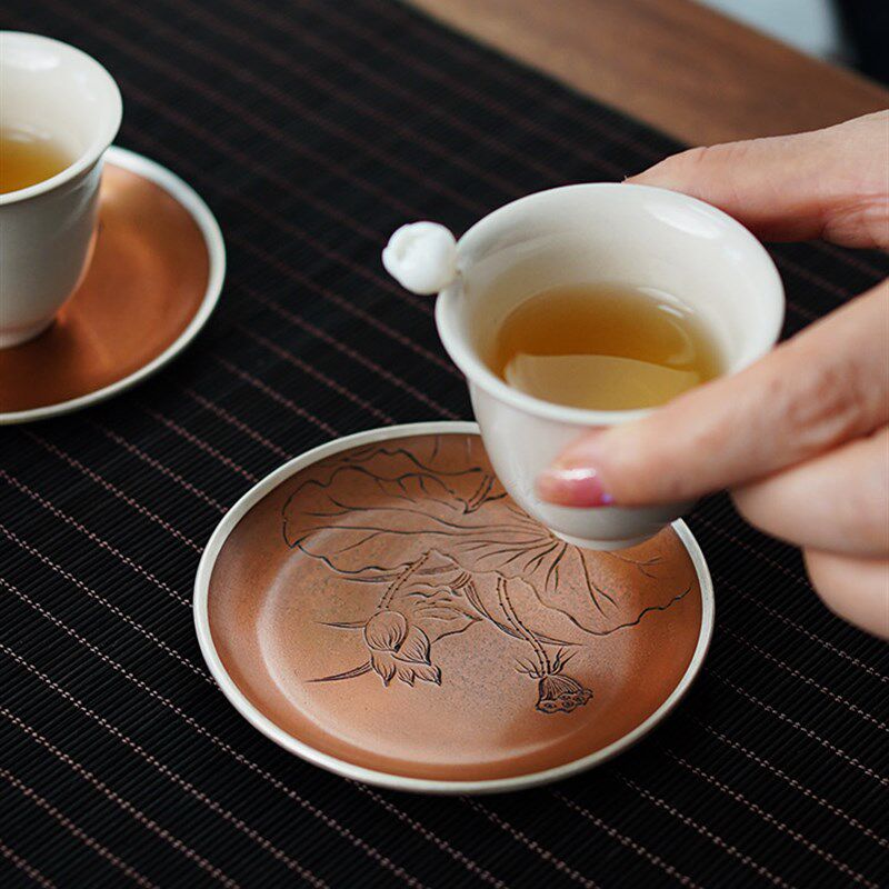 纯铜杯托茶杯垫包银垫中式功夫茶具茶道茶艺茶室家.用隔热茶垫