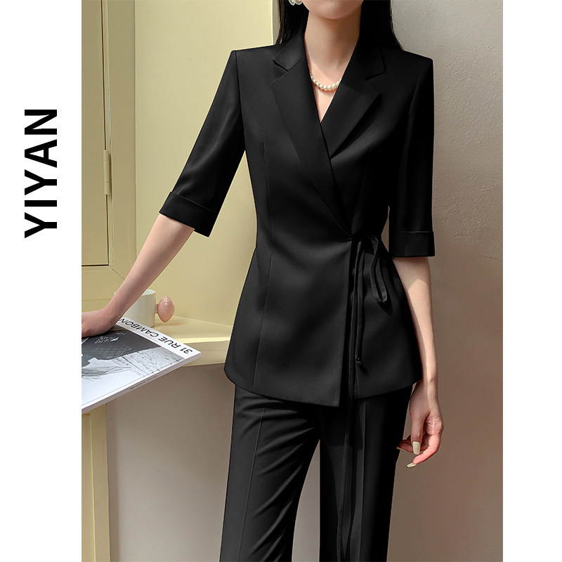 国风西装套装女2025新款夏季薄款高级感系带气质通勤御姐黑色西服
