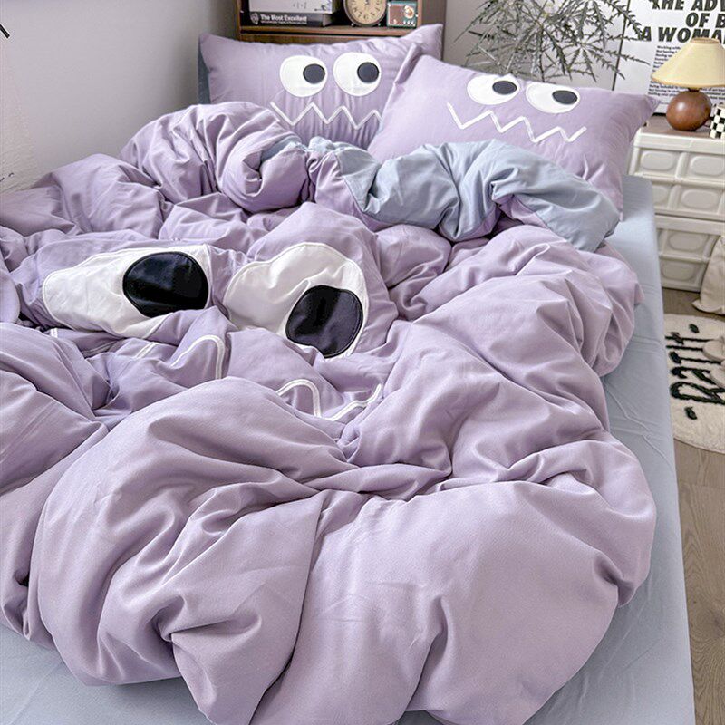 卡通可爱大眼布贴绣水p洗棉四件套牀单纯色被套学生宿舍三件套牀