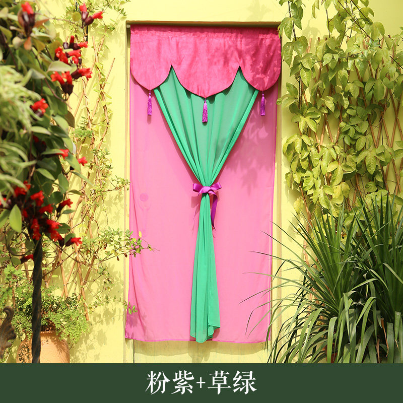 雪纺纱帘头免打孔伸缩杆双层纱黄绿橙色粉紫N草绿纱帘隔断门帘卧