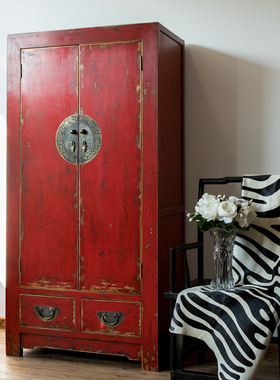 古朴彩漆新中式红色仿古做旧实木衣柜松木对开门整V体卧室家具定