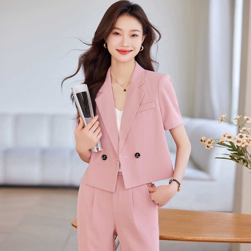 粉色短袖职业装西装套装女薄款2025新款高级感短款小个子西服外套