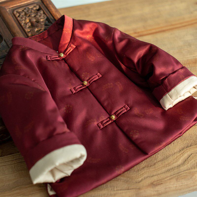 宝宝拜年服男宝周岁礼服冬儿童古风汉服棉袄过年红色真丝唐装棉服