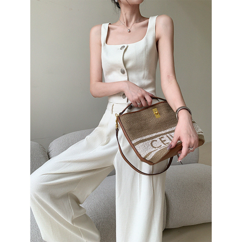 酒窝定制方领吊带背心上衣套装女2023夏季西装阔腿拖地长裤两件套