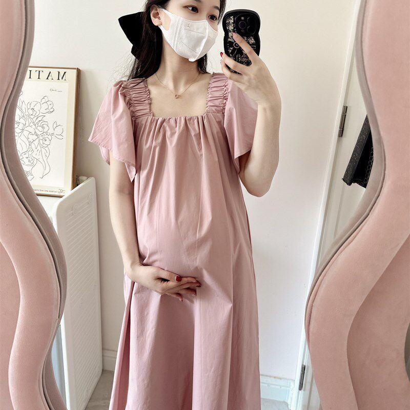 孕妇夏装连衣裙2023新款时尚款韩版洋气宽松甜美减龄法式方领裙子