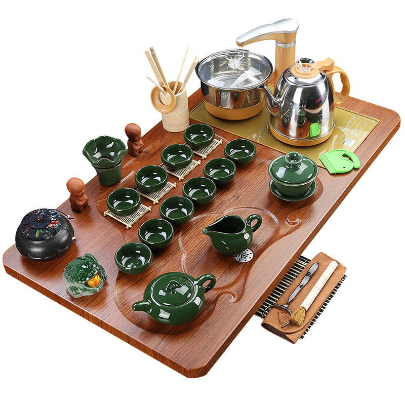功夫茶具套装g家用整套茶盘中式冰裂釉陶瓷紫砂玻璃连体茶台送礼