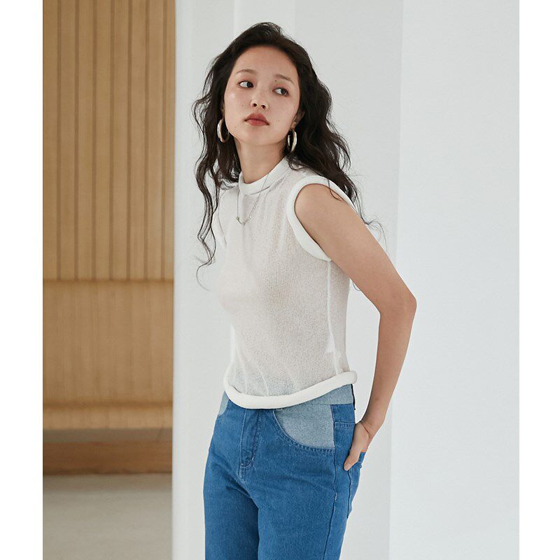 【直降5折】百搭修身纯色卷边透明白色针织背心女夏外穿短款上衣