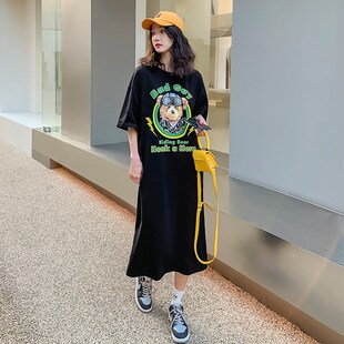 夏装 2024年新款 宽松纯棉200斤长裙显瘦T恤裙 胖mm连衣裙女短袖 大码