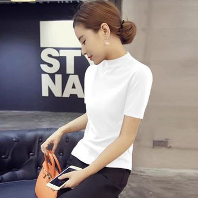 半高圆领白色冰丝t恤女修身2024夏季新款薄款针织短袖上衣打底衫