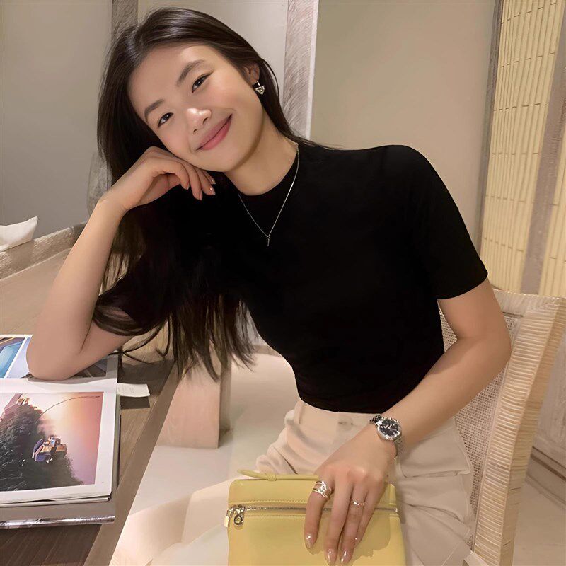 半高领黑色中领短袖t恤女2025新款夏季修身显瘦内搭打底半袖上衣