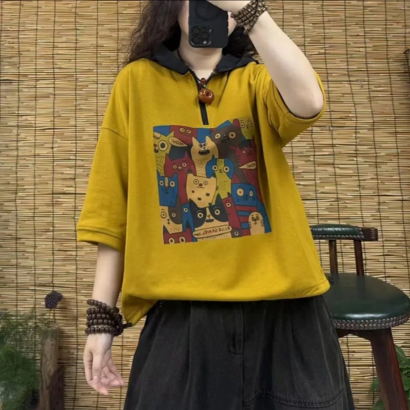 时尚休闲连帽短袖女2025夏季新款印花宽松半拉链洋气套头上衣打底