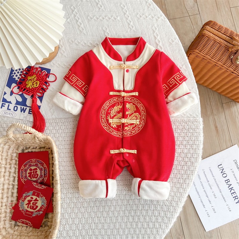婴儿周岁礼服一岁宝宝秋季加绒衣服生日抓周百天满月拜年服连体衣