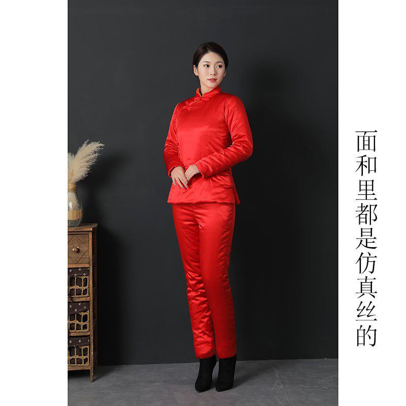 女锦缎结婚套装复古盘扣中国风礼服斜襟对襟棉袄棉裤手工加厚棉服