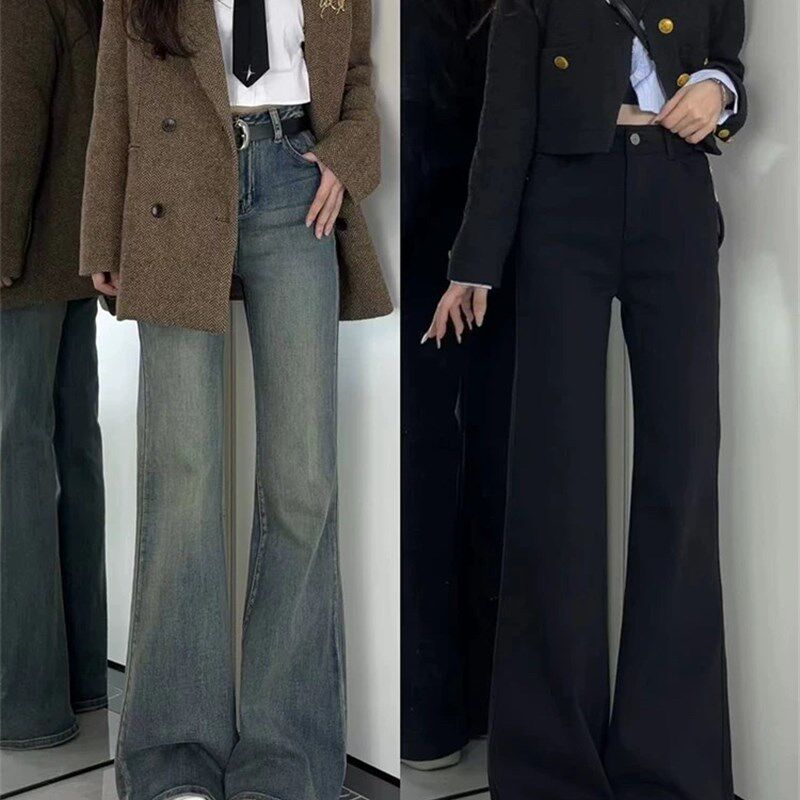 黑色直筒微喇牛仔裤女秋冬季不贴腿高腰宽松阔腿拖地裤子