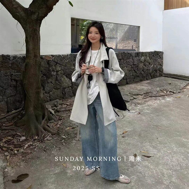 十三行日落2025春季新款条纹拼接袖设计感立领中款风衣女F6075