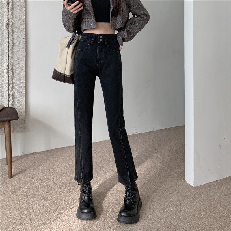 弹力牛仔裤女秋冬加绒高腰直筒大码胖mm显瘦开叉小个子九分烟管裤