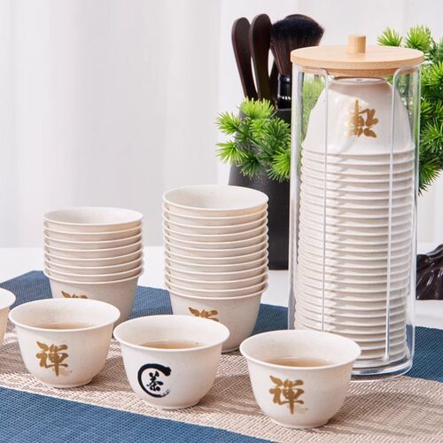 耐高温一次性功夫茶杯带收纳杯架家用办公室招待品茗稻壳喝茶杯子