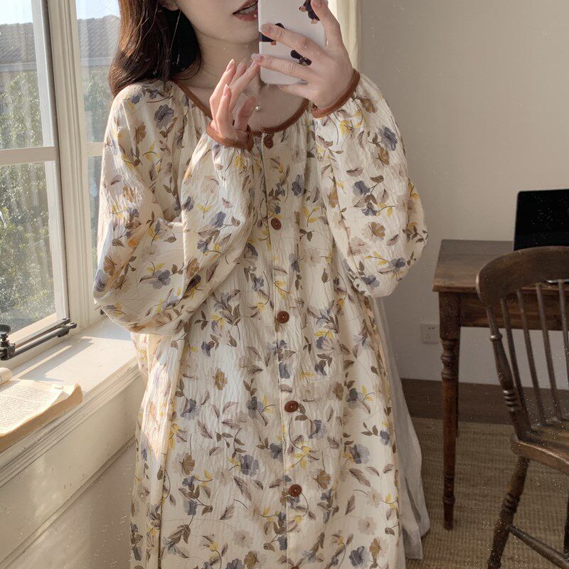 带胸垫睡裙女春秋季纯棉宽松开衫长袖可爱睡衣碎花大码孕妇家居服