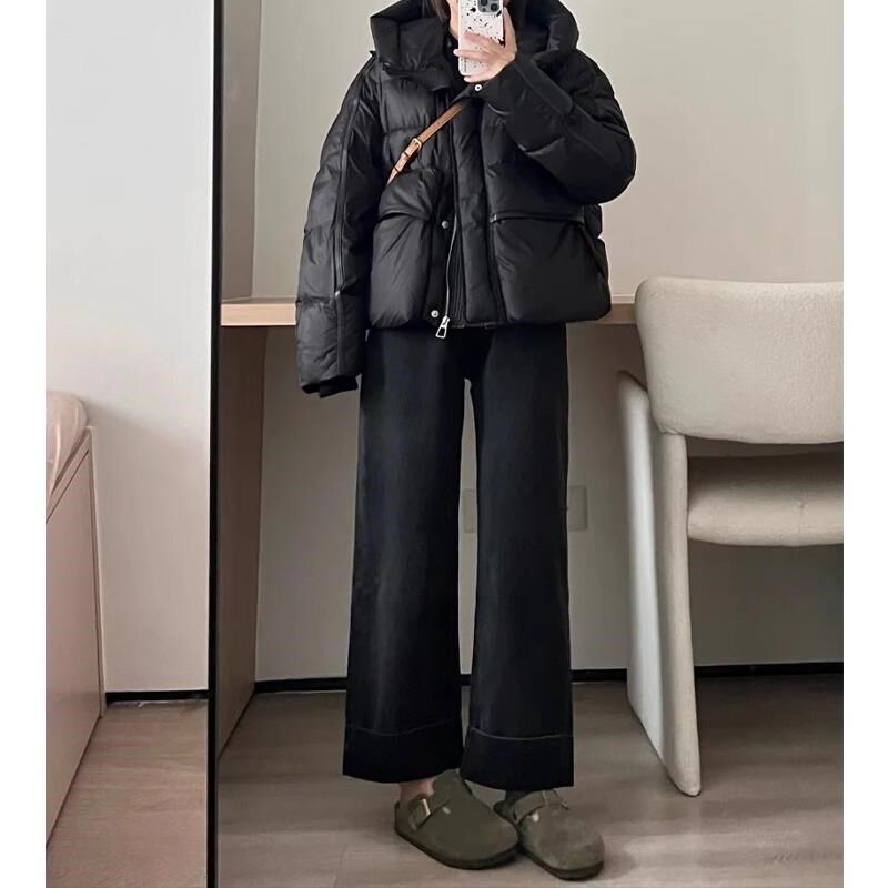 黑色窄版直筒牛仔裤女秋冬加绒加厚大码胖mm显瘦小个子卷边阔腿裤