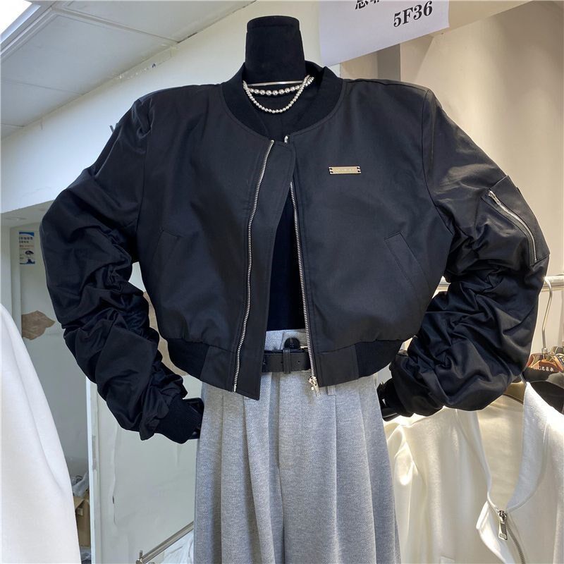 春秋季韩版设计感夹克小众堆堆袖宽松短款棒球服潮流外套女款显高