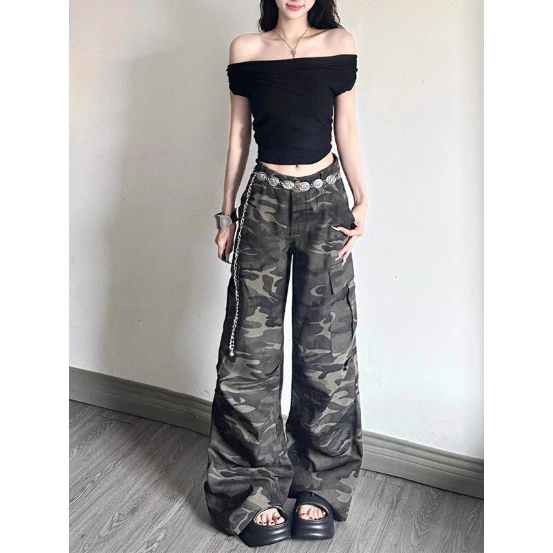 大码胖mm美式复古迷彩工装牛仔裤女夏季辣妹高腰宽松显瘦阔腿裤子