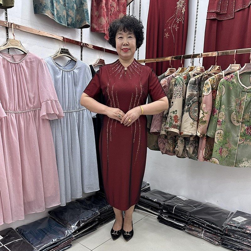 高端妈妈时尚婚礼红色连衣裙短袖礼服改良旗袍遮肚子喜婆婆中长裙