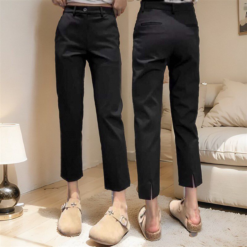 大码女装春季新款高腰开叉直筒西装休闲裤胖mm遮胯显瘦九分烟管裤