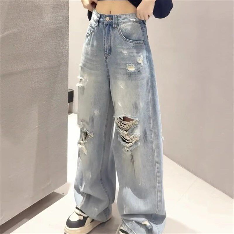 破洞窄版阔腿裤牛仔裤女2025春季新款胖mm显瘦直筒裤弯刀裤小个子