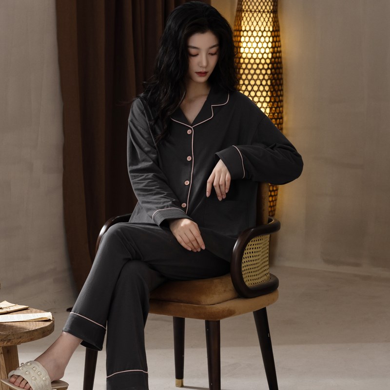 睡衣女春秋季长袖纯棉开衫翻领纯色家居服秋冬款休闲宽松两件套装