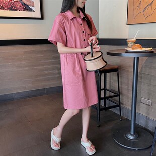 休闲工装连衣裙2024年夏韩版宽松大码胖mm显瘦遮肚子减龄裙子短袖