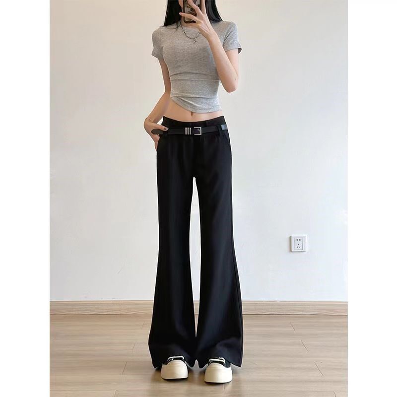 美式复古垂感黑色微喇叭西装裤女夏季高级感薄款低腰休闲拖地裤子