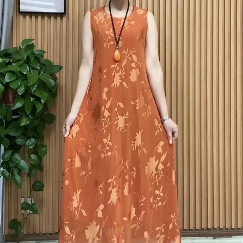 夏季无袖洋装宽松大尺码遮肚显瘦中长版过膝裙子网纱印花背心裙女