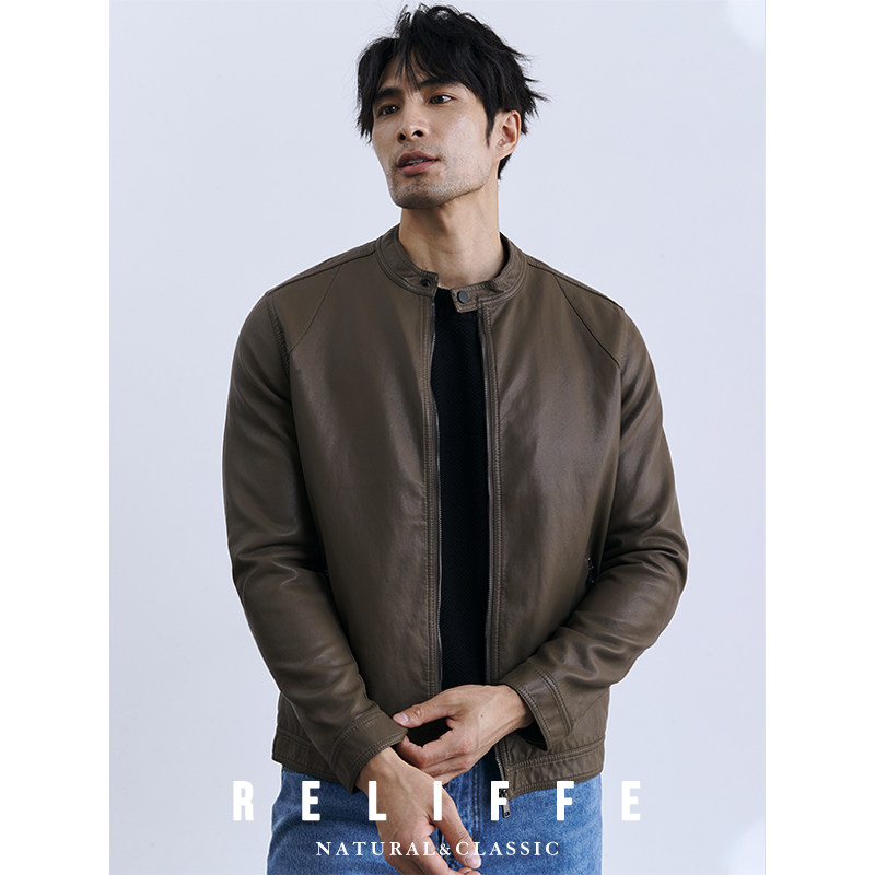 秋冬高端外套 休闲立领夹克男士百搭修身高级感卡其色复古皮衣