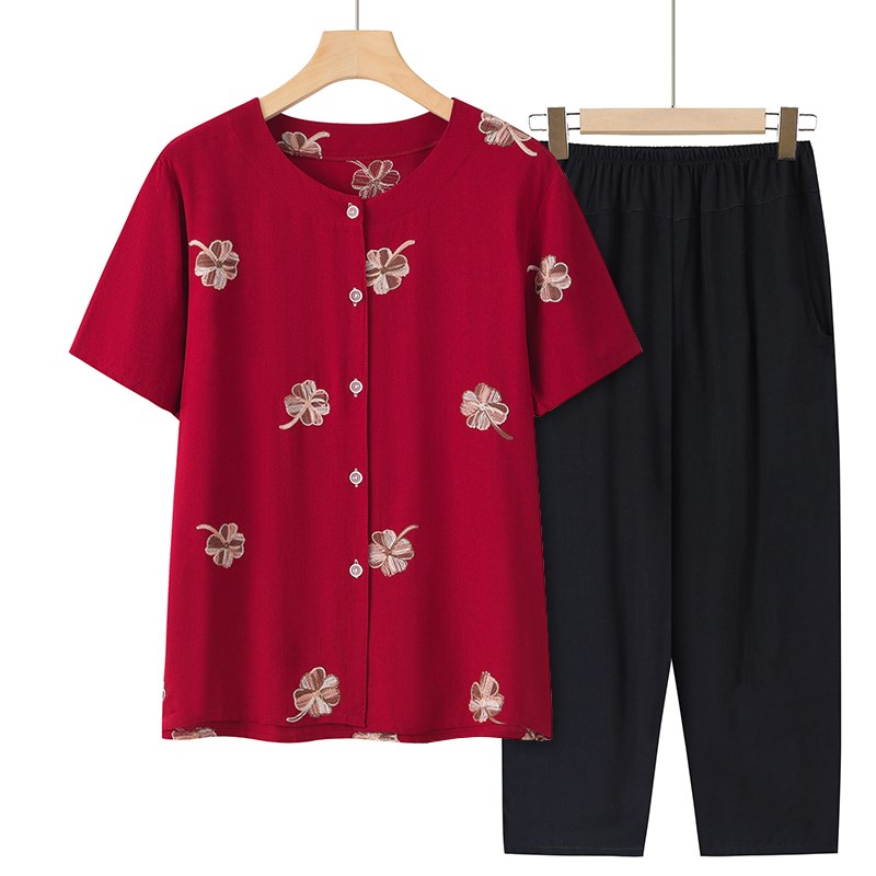 妈妈夏装中老年人女装奶奶套装短袖t恤老太太开衫老人衣服上衣薄