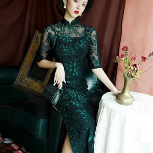 绿色旗袍2020年新款 连衣裙 少女复古中国风传统老上海民国气质长款