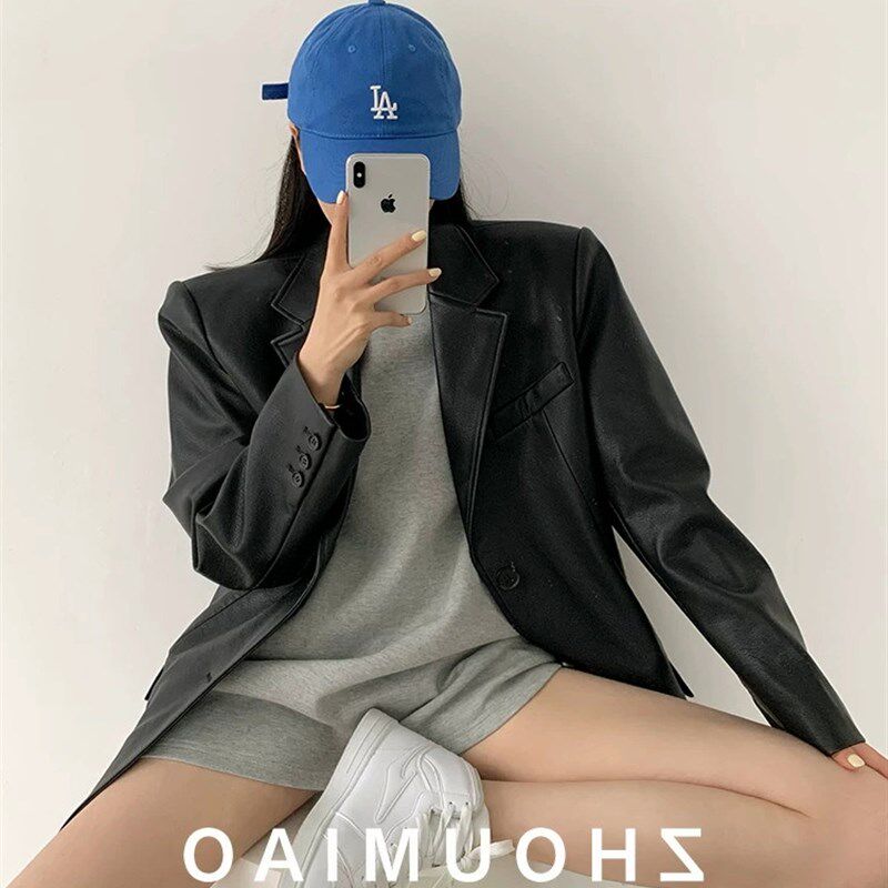 2023春秋季新款PU皮衣西装外套女复古高级感炸街宽松休闲气质西服