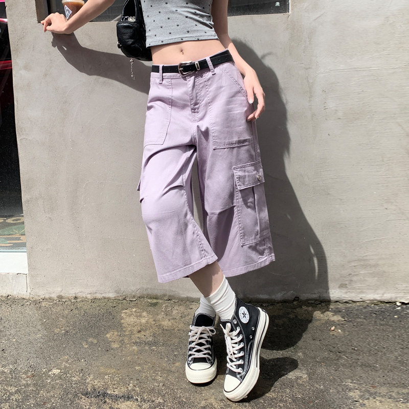 夏季薄款宽松直筒六分牛仔裤女小个子中长短裤淡紫色工装七分裤