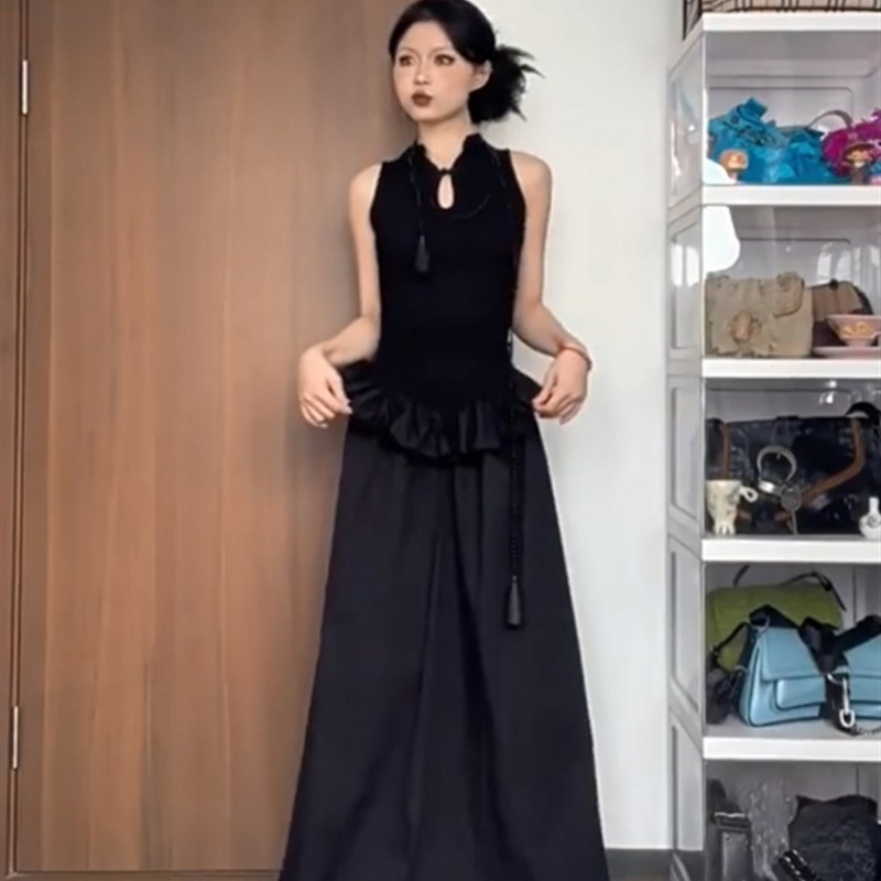 胖mm新中式高级感黑色盘扣无袖连衣裙女夏季小众设计感蓬蓬长裙子