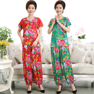 宽松上衣套装 妈妈夏装 中老年人女装 t恤棉绸2021新款 中年女薄 短袖
