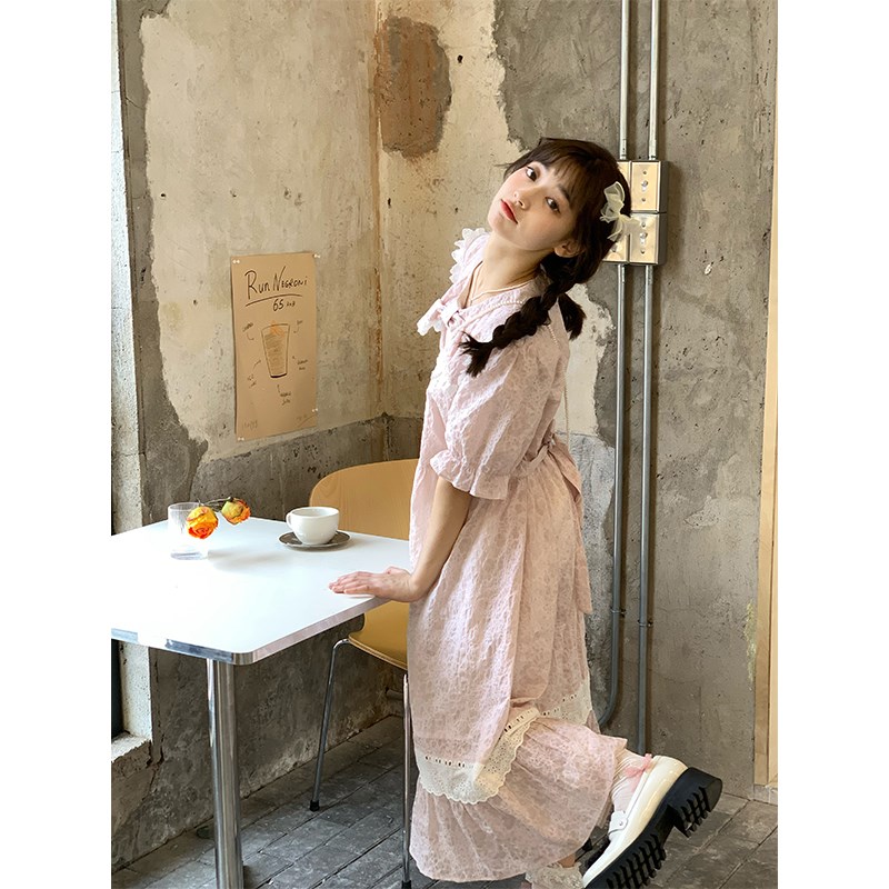 蛋包饭餐厅【微醺甜酒】泡泡袖连衣裙女夏季森系粉色收腰短袖裙子