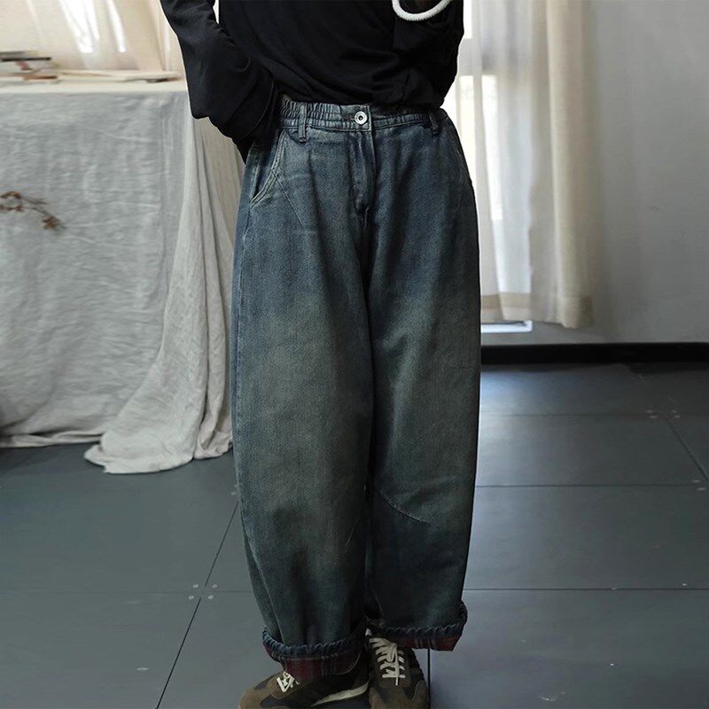 古与色韩版港风做旧宽松大码休闲长裤高腰牛仔夹棉哈伦棉裤女冬季