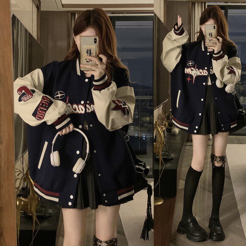 美式棒球服外套少女春秋装2024新款初中高中学生宽松休闲夹克上衣