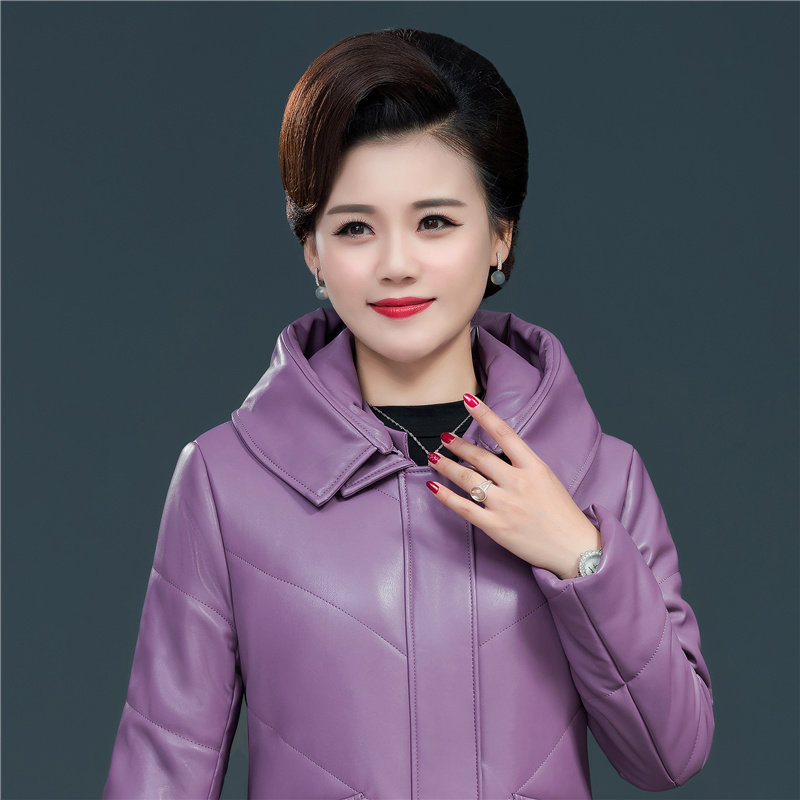 中老年皮衣棉服女中长款妈妈皮棉衣加绒加厚中年皮衣羽绒棉服外套