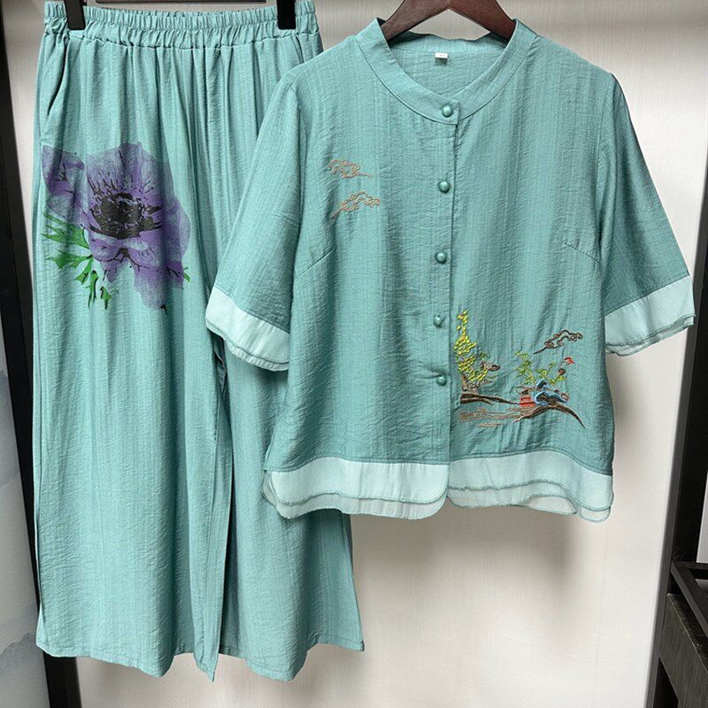 妈妈新品中国风复古休闲开衫短袖中年女宽松薄款中老年夏季套装女