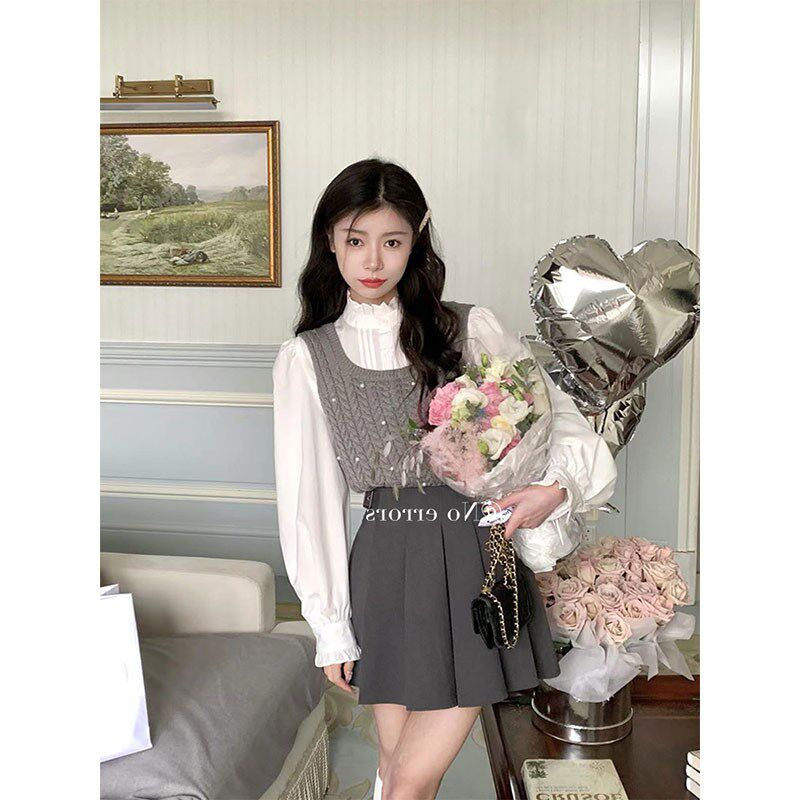 韩版洋气简约百搭无袖短款叠穿纯色吊带小珍珠针织背心马甲上衣女