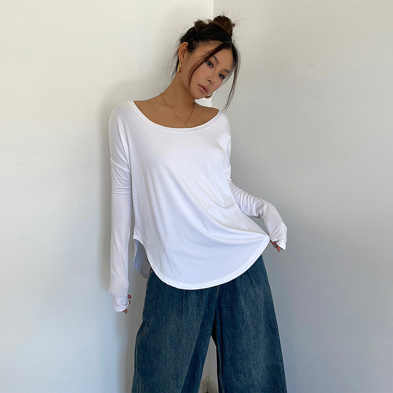 极简干练早秋慵懒上衣2023新款宽松显瘦大圆领长袖T恤女防晒衫