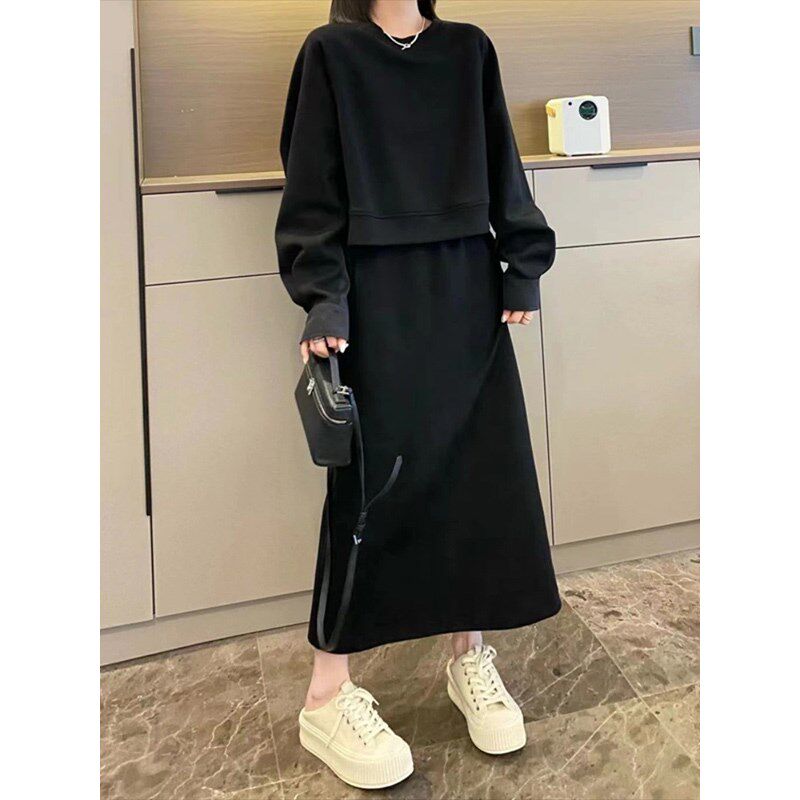 慵懒风时尚洋气卫衣连体裙套装女2024春秋新款大码胖MM减龄半身裙
