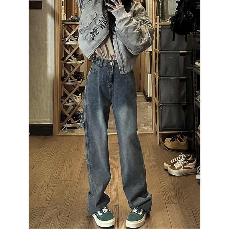 美式复古高腰牛仔裤女宽松直筒春秋大码胖mm梨型身材显瘦阔腿裤子