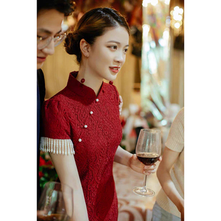 旗袍敬酒服2023新款新娘小个子日常订婚礼服女红色洋装出阁大气