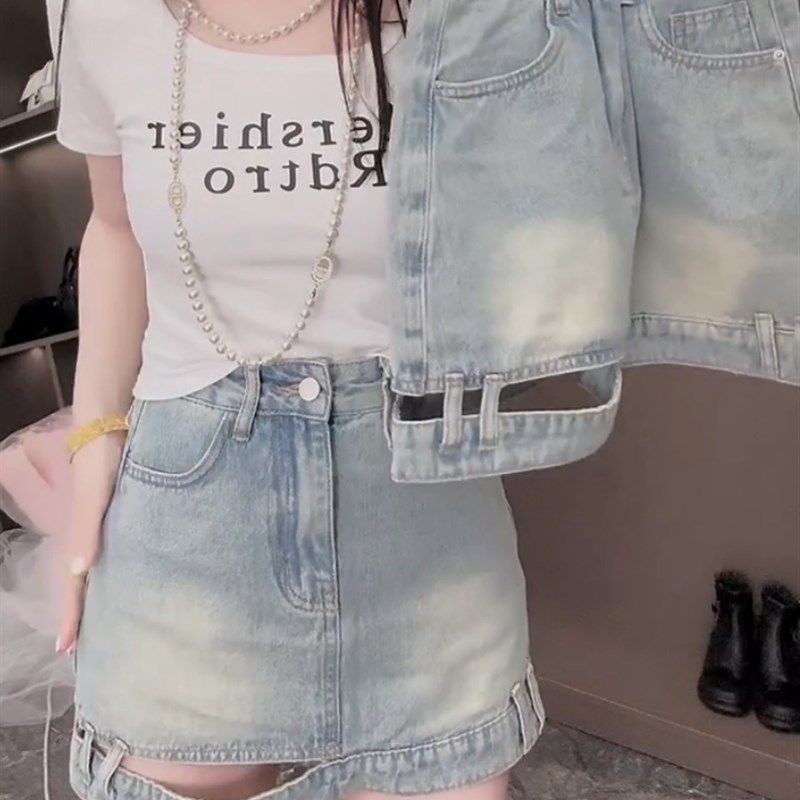 浅蓝色牛仔短裙女高腰夏季大码设计感遮肚子遮胯显瘦a字半身裙子